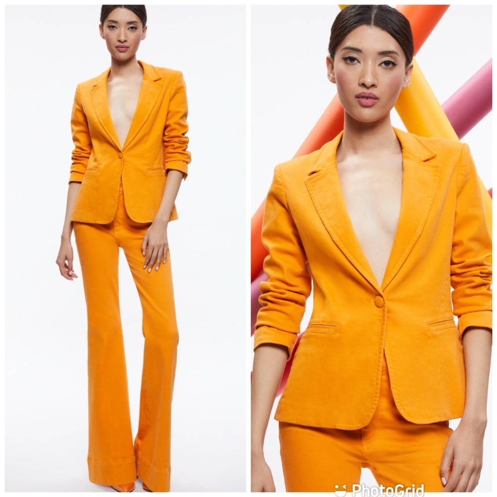 Alice + Olivia MACEY NOTCH COLLAR FITTED BLAZER + BEAUTIFUL HIGH RISE BELL JEANS